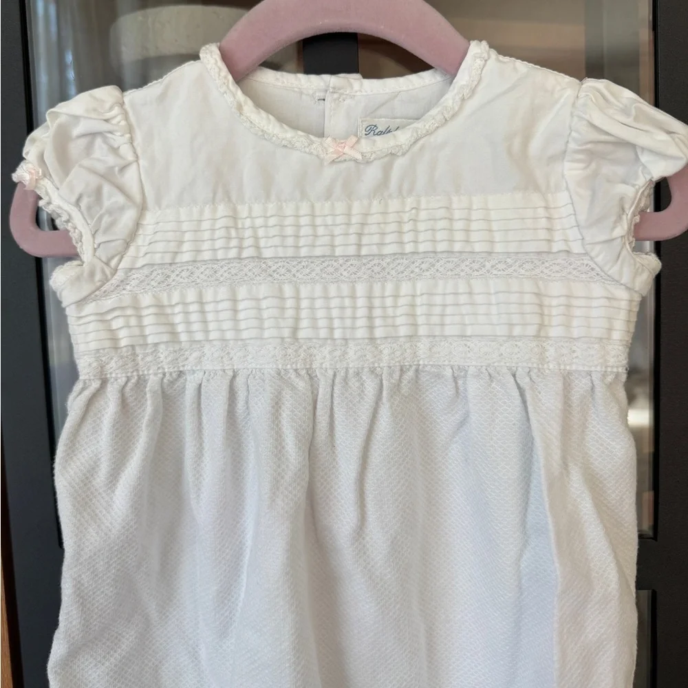 Ralph Lauren heirloom bubble romper lace smock bows ruffle baby girl puff sleeve